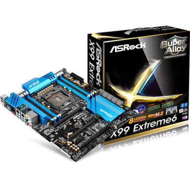 ASROCK X99 EXTREME6 LGA2011-3,Intel X99,8xDDR4,Max:2133MHz,Max:128GB,3xPCIE16 3.0,2xPCIE1,10xSATA3,2xUSB,6xUSB3,eSATA,RAID,7.1,Gigabit,Gigabit,PS2:2,ATX,SPDIF optikai kimene,PCIe Mini Card Slot,1xM.2