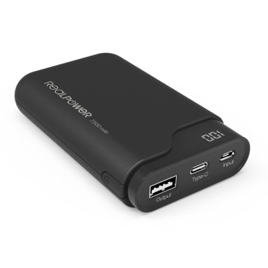 RealPower 243924 Powerbank PB-7500C USB-C, 7.500 mAh, 1 USB és 1 db USB-C kimenet, Fekete 243924