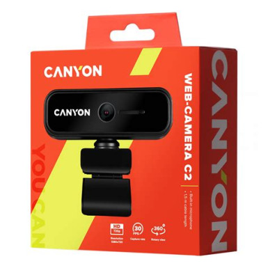CANYON C2 720P HD 1.0Mega fixed focus webcam with USB2.0. connector, 360° rotary view scope, 1.0Mega pixels, built in MIC, Resolution 1280*720(1920*1080 by interpolation), viewing angle 46°, cable length 1.5m, 90*60*55mm, 0.104kg, Black CNE-HWC2