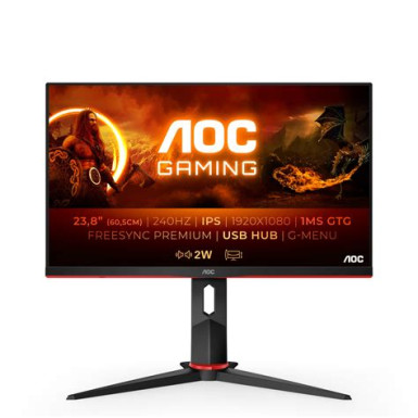 AOC 24G2ZU/BK 23.8inch TN Flat FHD 1920x1080 240Hz 1ms GtG FreeSync Premium USB HUB SPEAKERS DP 2xHDMI VESA 100x100 GAMING LINE 24G2ZU/BK