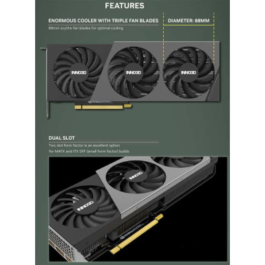 INNO3D INNO3D NVIDIA GEFORCE RTX 4070 TWIN X2 12GB GDDR6X 192bit, 2475 MHz / 21Gbps, 3x DP, 1x HDMI, 2x Fan, 2 slot N40702-126X-185252N